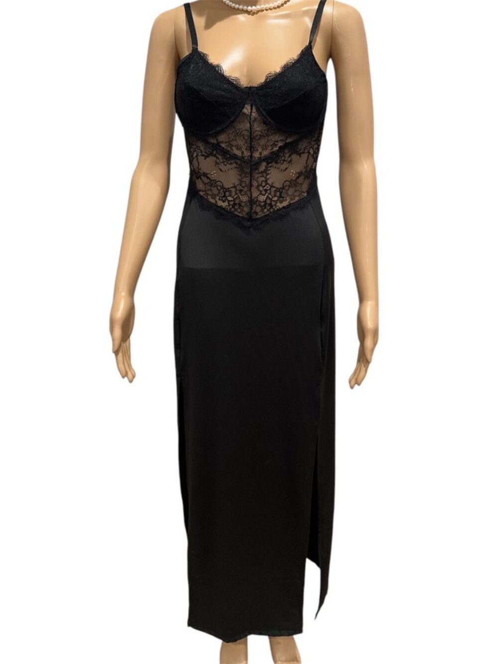 Shein Black Lace Split Thigh Bustier Maxi Dress - Medium